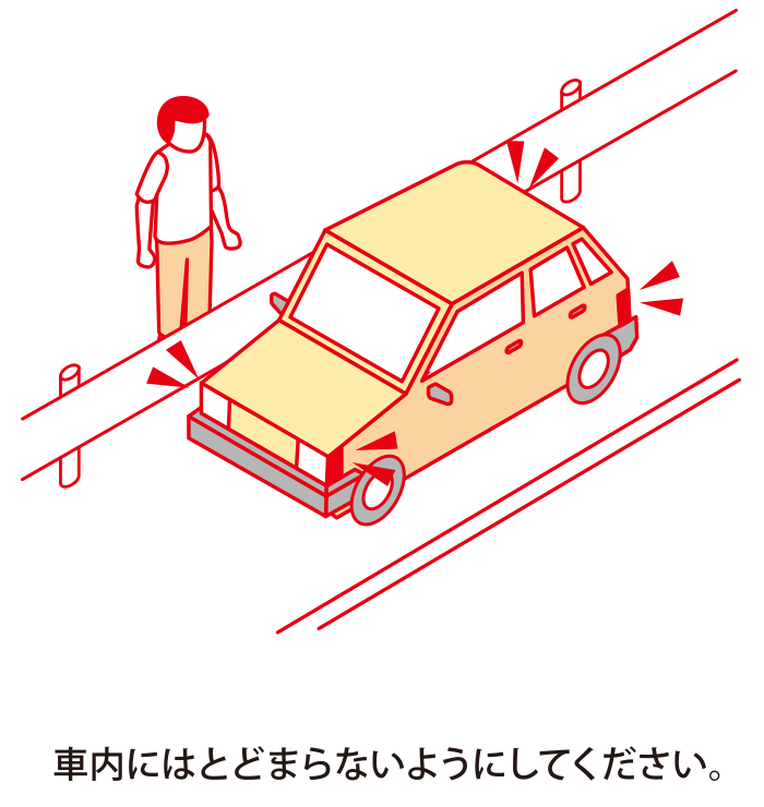 Evacuate to a safe place such as outside the guardrail. Image image of