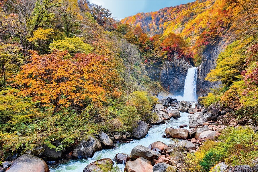 水飛沫上げる滝の轟音と豊かな自然が育む渓谷美紅葉に染まる苗名滝のイメージ画像