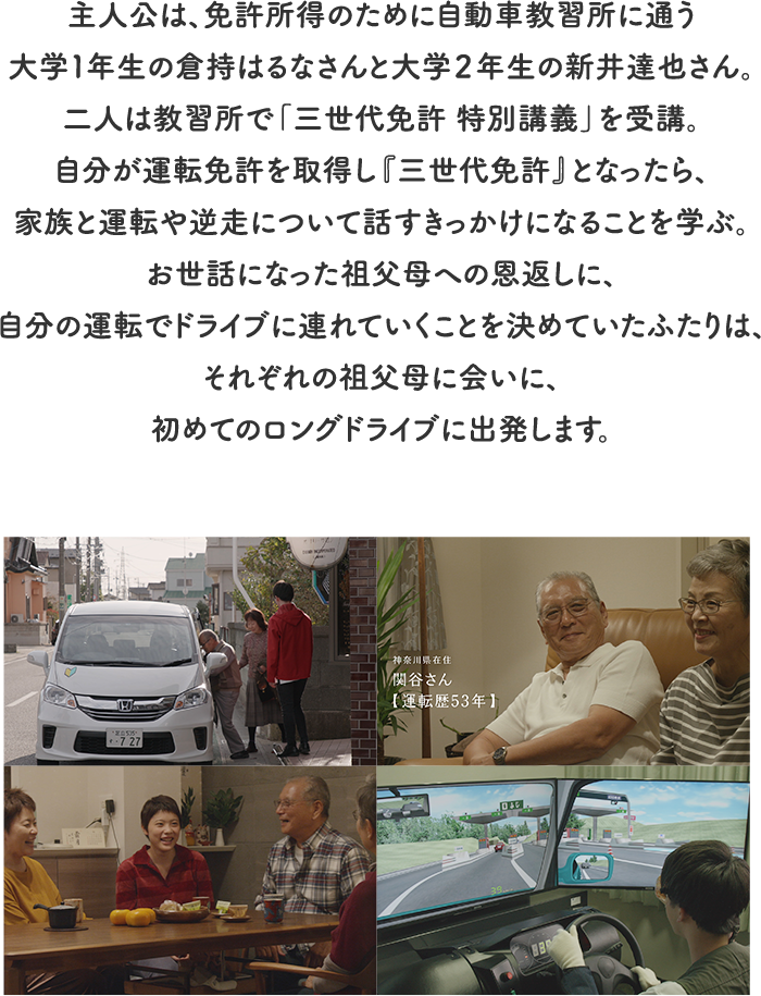 The protagonists are Haruna Kuramochi, a first-year college student and Tatsuya Arai, a second-year college student, who go to a driving school for license income. The two attended a "third generation license special lecture" at the driving school. Learn that if you get a driver's license and become a "third generation driver's license", you will have the opportunity to talk with your family about driving and reverse driving. In return for their grandparents' help, the two decided to take a drive for their own drive, and set off on their first long drive to meet their grandparents.