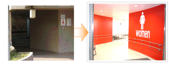 トイレ入口のリフレッシュ工事前と工事後のイメージ画像
