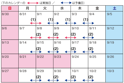 カレンダー：八雲IC～豊浦IC（上下線）は8月31日（月）20時～翌朝6時（1夜間）［予備日：9月1日（火）～3日（木）］、伊達IC～室蘭IC（上下線）は9月7日（月）～9月9日（水）20時～翌朝6時（3夜間）［予備日：9月10日（木）、9月14（月）～17日（木）、9月28日（月）～10月1日（木）］のイメージ画像