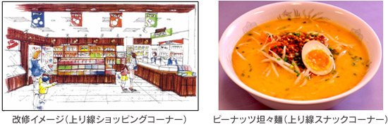 改修イメージ（上り線ショッピングコーナー）とピーナッツ坦々麺（上り線スナックコーナー）の画像のイメージ画像