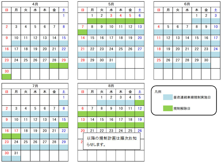 平成29年4月～平成29年8月上旬までの規制予定のイメージ画像