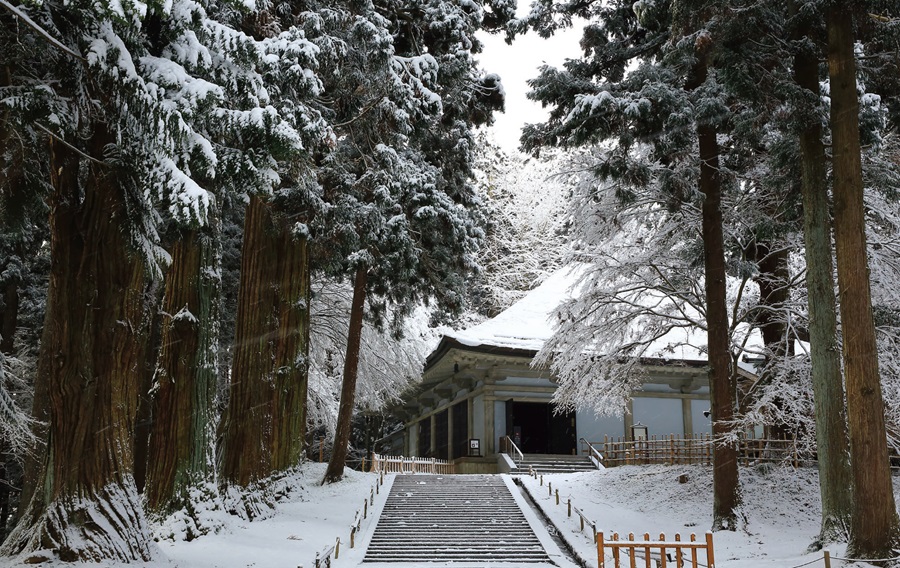 12月の風景《岩手県》雪が描く一幅の水墨画幽玄の趣をたたえる冬の中尊寺金色堂ページへの画像リンク