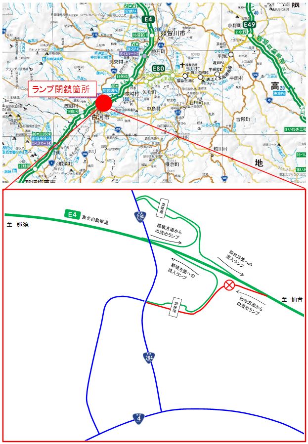 東北自動車道　白河中央スマートIC夜間ランプ閉鎖詳細図のイメージ画像