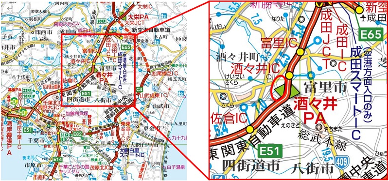 【E51】東関東自動車道　酒々井PA（下り線）　位置図のイメージ画像