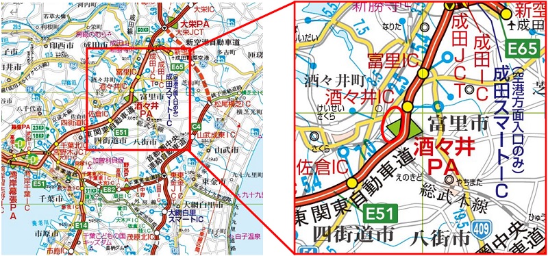 【E51】東関東自動車道　酒々井PA（下り線）　位置図のイメージ画像