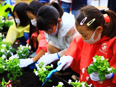 Photographs of students planting flowers