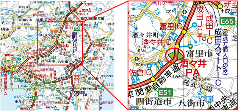 【E51】東関東自動車道　酒々井PA（上下線）位置図のイメージ画像