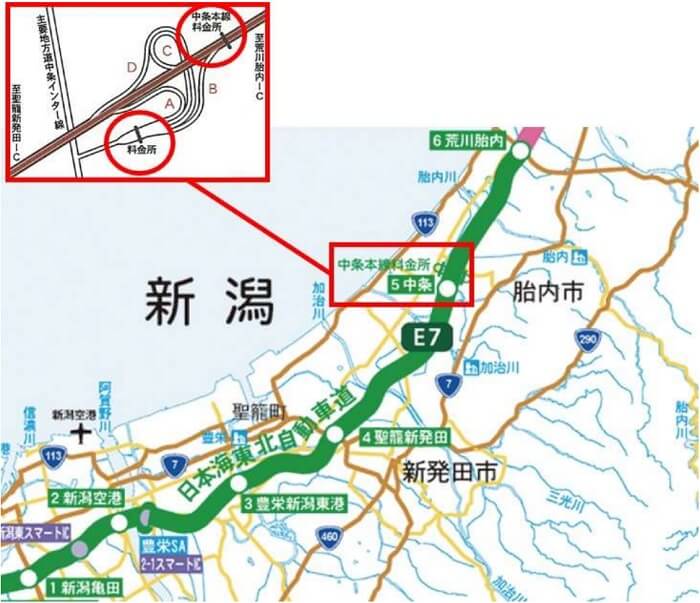 【E7】日本海東北自動車道　中条料金所・中条本線料金所　位置図のイメージ画像