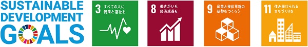 SUSTAINABLE DEVELOPMENT GOALSのロゴとSDGs目標の3番、8番、9番、11番のロゴのイメージ画像