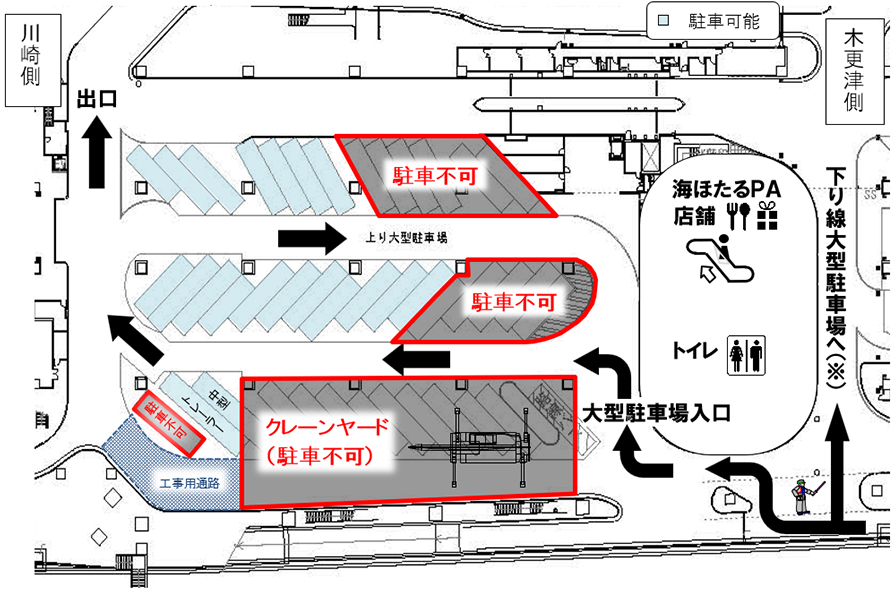 1階大型駐車場（上り線）駐車マスの一部がご利用できません。1月下旬までのイメージ画像