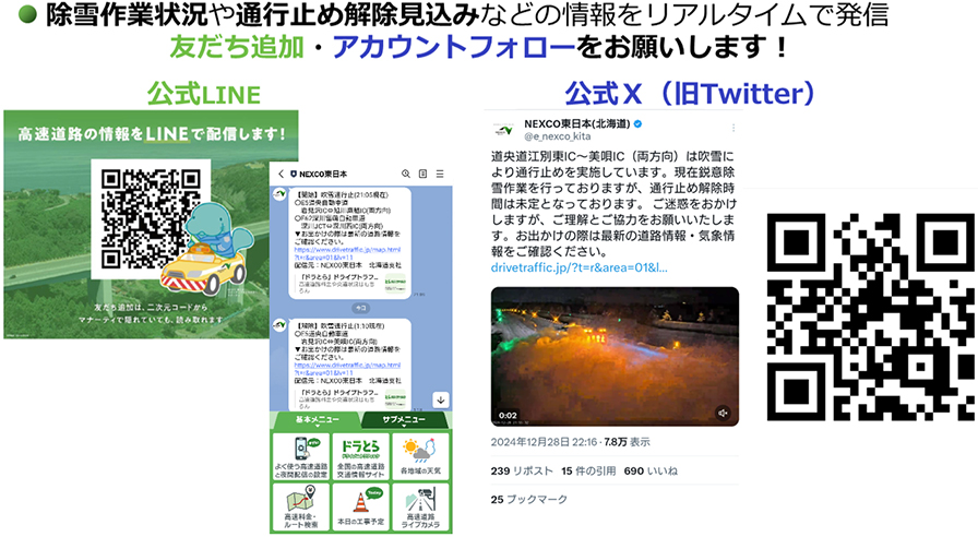 除雪作業状況や通行止め解除見込みなどの情報をリアルタイムで発信　友だち追加・アカウントフォローをお願いします！のイメージ画像