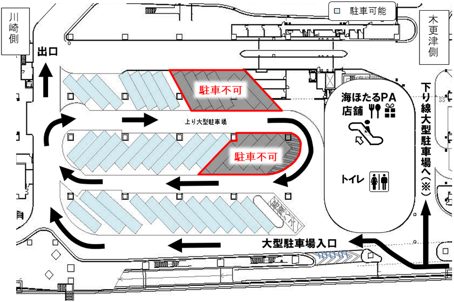 1階大型駐車場（上り線）駐車マスの一部について、利用を制限させて頂きます。令和8年5月から令和8年7月初旬頃までのイメージ画像