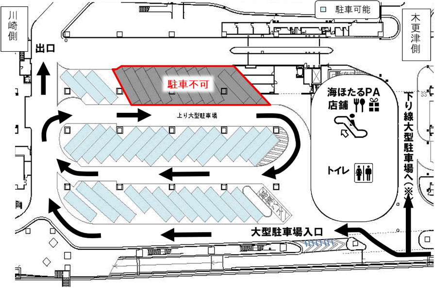 1階大型駐車場（上り線）駐車マスの一部について、利用を制限させて頂きます。令和8年7月初旬頃からのイメージ画像
