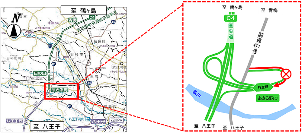 封闭的位置：圏央道道路Akiruno IC入口处的灯的图像（来自国道）