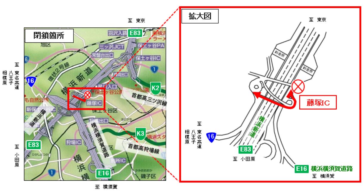 閉鎖箇所：横浜新道（下り線）藤塚ICから一般道へ流出する出口ランプのイメージ画像