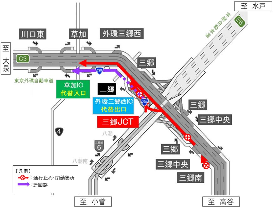 ① Outer ring road (inner loop) When heading from Koya to Oizumi [Outer ring Misato Nishi IC → Soka IC detour] Image image