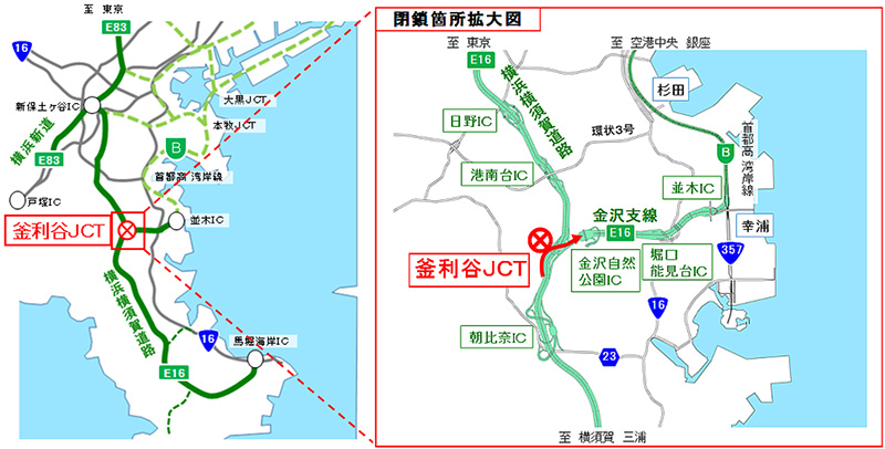 封閉地點：橫須賀路上線鐮谷JCT圖像