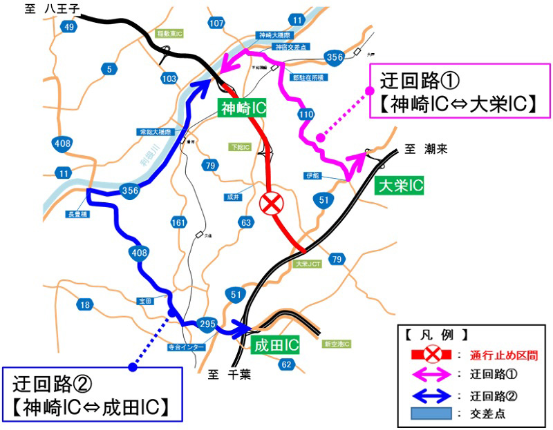Image of detour (1) [Kozaki IC⇔Daiei IC] and detour (2) [Kozaki IC⇔Narita IC]