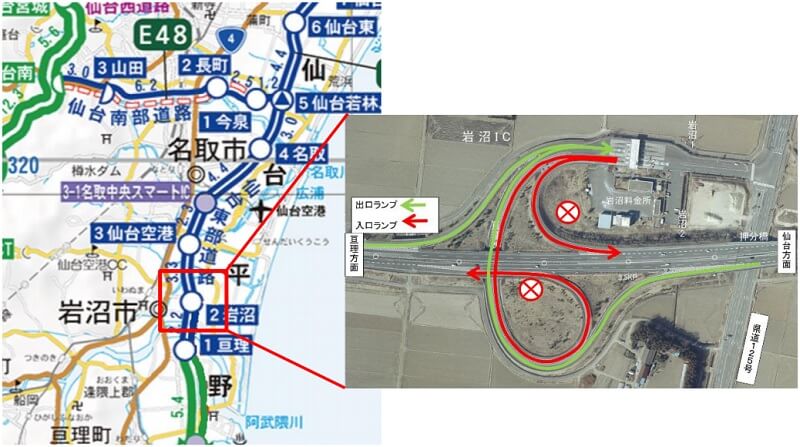 仙台東部道路　岩沼IC夜間閉鎖詳細図のイメージ画像