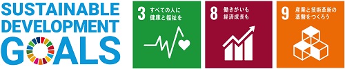 SUSTAINABLE DEVELOPMENT GOALSのロゴとSDGsの3番、8番、9番のロゴのイメージ画像
