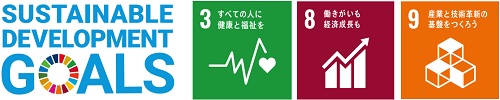 SUSTAINABLE DEVELOPMENT GOALSのロゴとSDGsの3番、8番、9番のロゴのイメージ画像