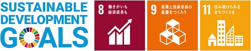 SUSTAINABLE DEVELOPMENT GOALSのロゴとSDGsの、8番、9番、11番のロゴのイメージ画像