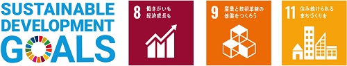 SUSTAINABLE DEVELOPMENT GOALSのロゴとSDGsの、8番、9番、11番のロゴのイメージ画像