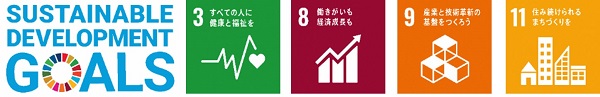 SDGsロゴとSDGs目標の3番、8番、9番、11番のイメージ画像