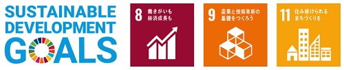 SUSTAINABLE DEVELOPMENT GOALS的標誌，8號工作和經濟增長的標誌，9號產業和技術創新的基礎的標誌11號繼續生活的城市規劃標誌的圖像圖像