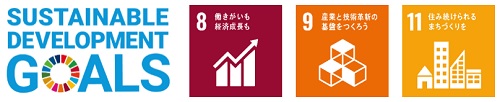 SUSTAINABLE DEVELOPMENT GOALSのロゴと8番　働きがいも経済成長ものロゴ、9番　産業と技術革新の基盤をつくろうのロゴ、11番　住み続けられるまちづくりをのロゴのイメージ画像