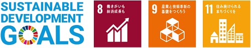 SUSTAINABLE DEVELOPMENT GOALSのロゴとSDGs目標の8番、9番、11番のロゴのイメージ画像