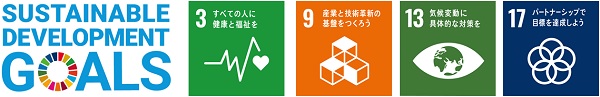 Image of the SUSTAINABLE DEVELOPMENT GOALS logo and the SDGs goals 3, 9, 13, and 17 logos
