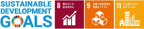 Image image of the SUSTAINABLE DEVELOPMENT GOALS logo and the 8th, 9th, and 11th logos of the SDGs target