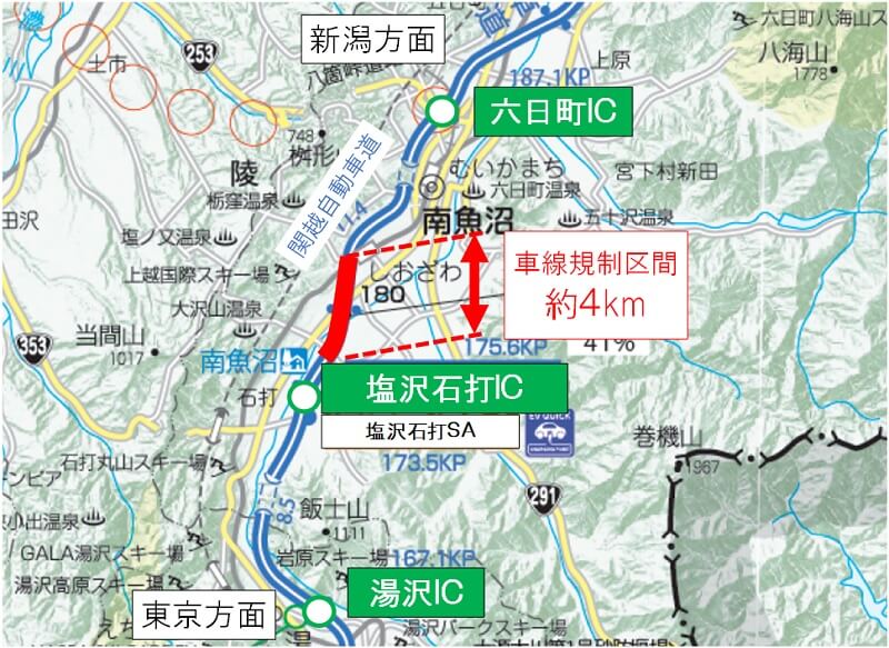 車線規制区間の位置のイメージ画像