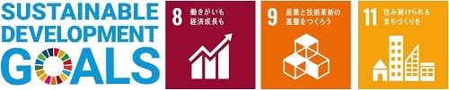 SUSTAINABLE DEVELOPMENT GOALSのロゴとSDGs目標の8番、9番、11番のロゴのイメージ画像