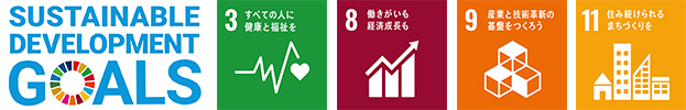 SUSTAINABLE DEVELOPMENT GOALSのロゴとSDGs目標の3番、8番、9番、11番のロゴのイメージ画像