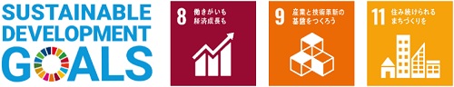 SUSTAINABLE DEVELOPMENT GOALSのロゴとSDGs目標の8番、9番、11番のロゴのイメージ画像