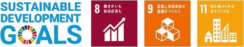 SUSTAINABLE DEVELOPMENT GOALSのロゴとSDGs目標の8番、9番、11番のロゴのイメージ画像