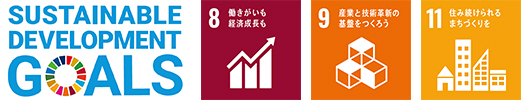 Image image of the SUSTAINABLE DEVELOPMENT GOALS logo and the 8th, 9th, and 11th logos of the SDGs target