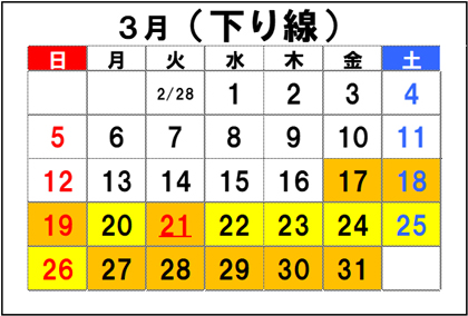渋滞予測の3月（下り線）のカレンダーのイメージ画像