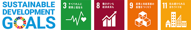 Image of the SUSTAINABLE DEVELOPMENT GOALS logo and the 3rd, 8th, 9th, and 11th SDGs logos