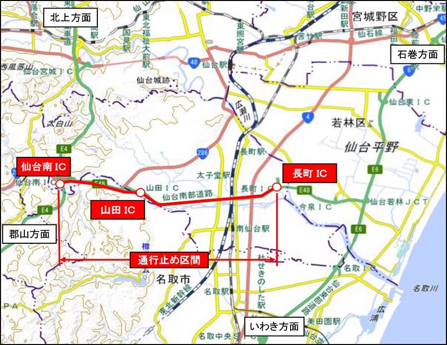 封閉區間：仙台南部道路上下線長町IC～仙台南IC的形像圖