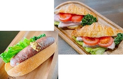 ภาพอิมเมจของการขายแซนวิช ฯลฯ ที่มีแฮมและเบคอนประกบระหว่างขนมปังโดยใช้ข้าวสาลีฮอกไกโด