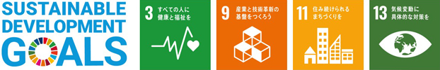 SUSTAINABLE DEVELOPMENT GOALSのロゴとSDGs目標3番、9番、11番、13番のロゴのイメージ画像