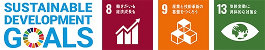 Images of the SUSTAINABLE DEVELOPMENT GOALS logo and the logos for SDGs goals 8, 9, and 13