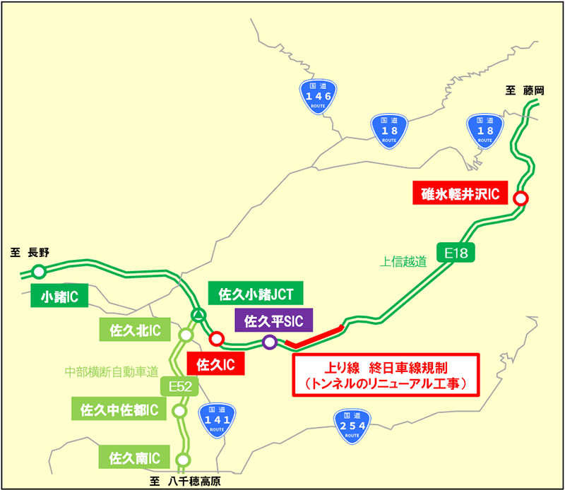 車線規制区間　上信越道　上り線　佐久IC⇒碓氷軽井沢ICのイメージ画像