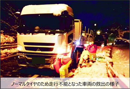 ノーマルタイヤのため走行不能となった車両の救出の様子のイメージ画像