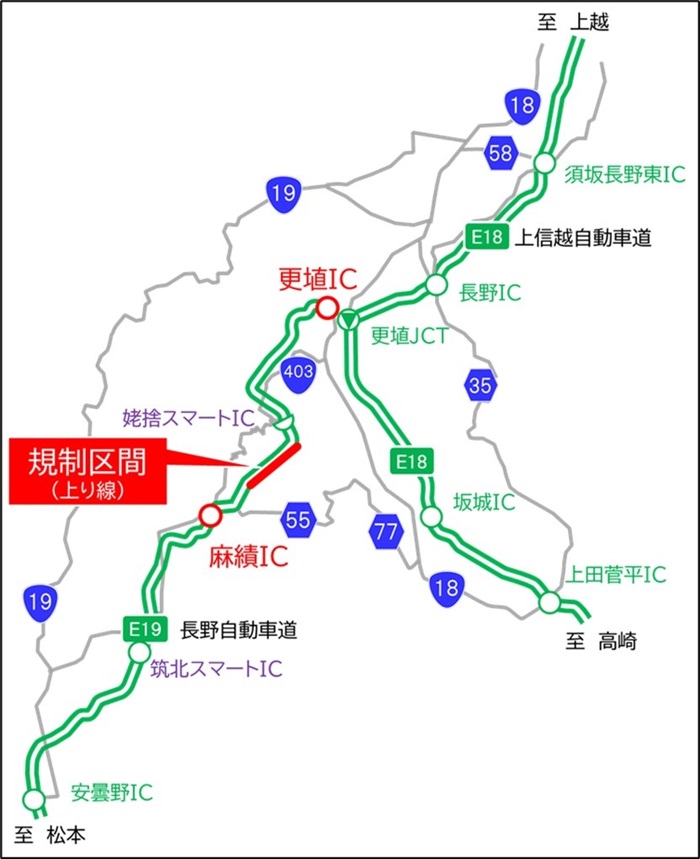 車線規制区間　長野道　上り線　更埴IC⇒麻績ICのイメージ画像